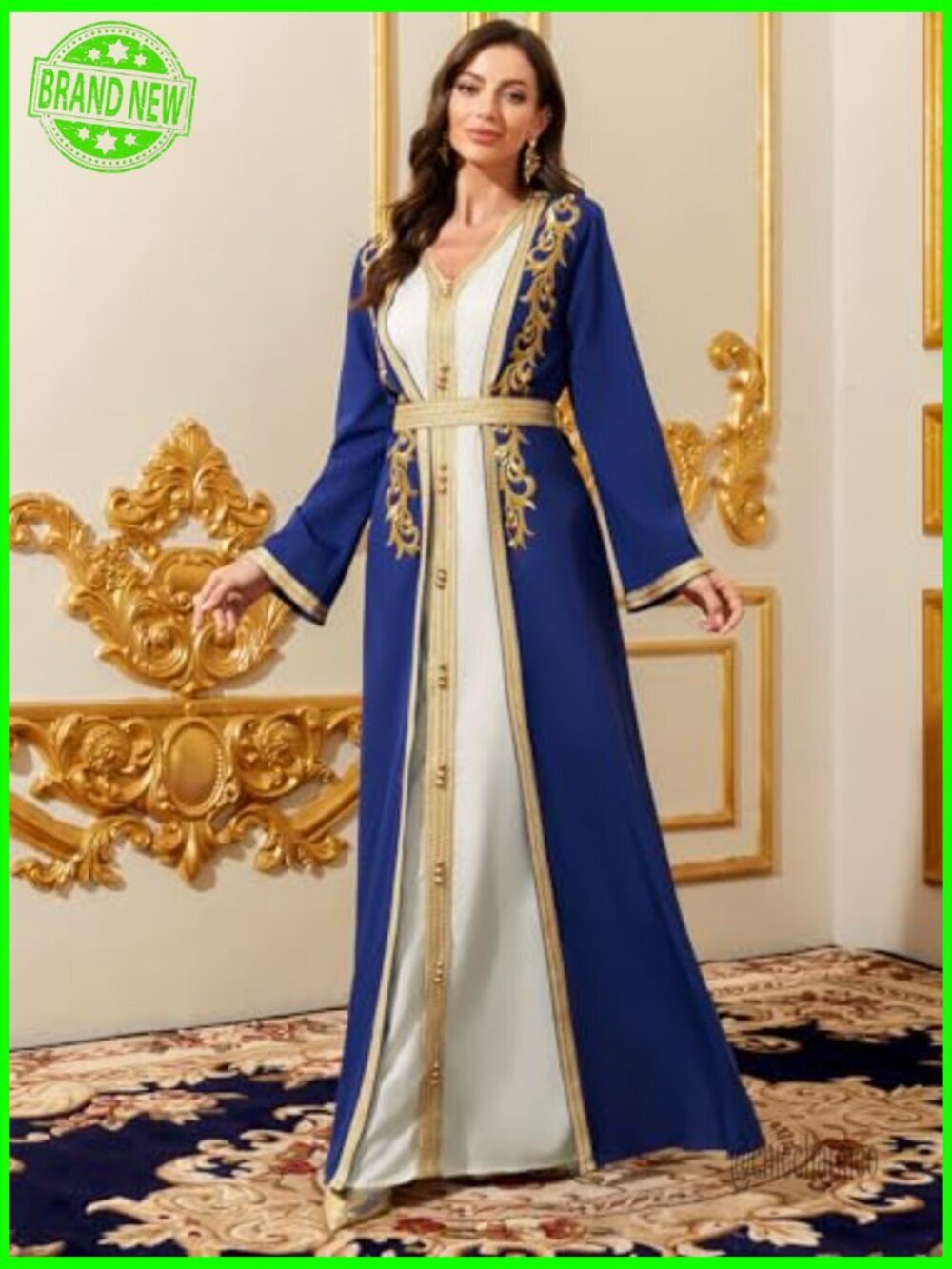 Gold Embroidered Maxi Dress Formal Evening Gown Modest Abaya - Picture 4 of 5